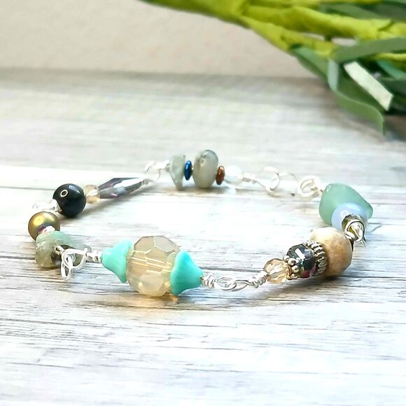 Gemstone Beaded Bracelet - 8" - Obsidian Aventurine Agate Hematite - Picture 6 of 6